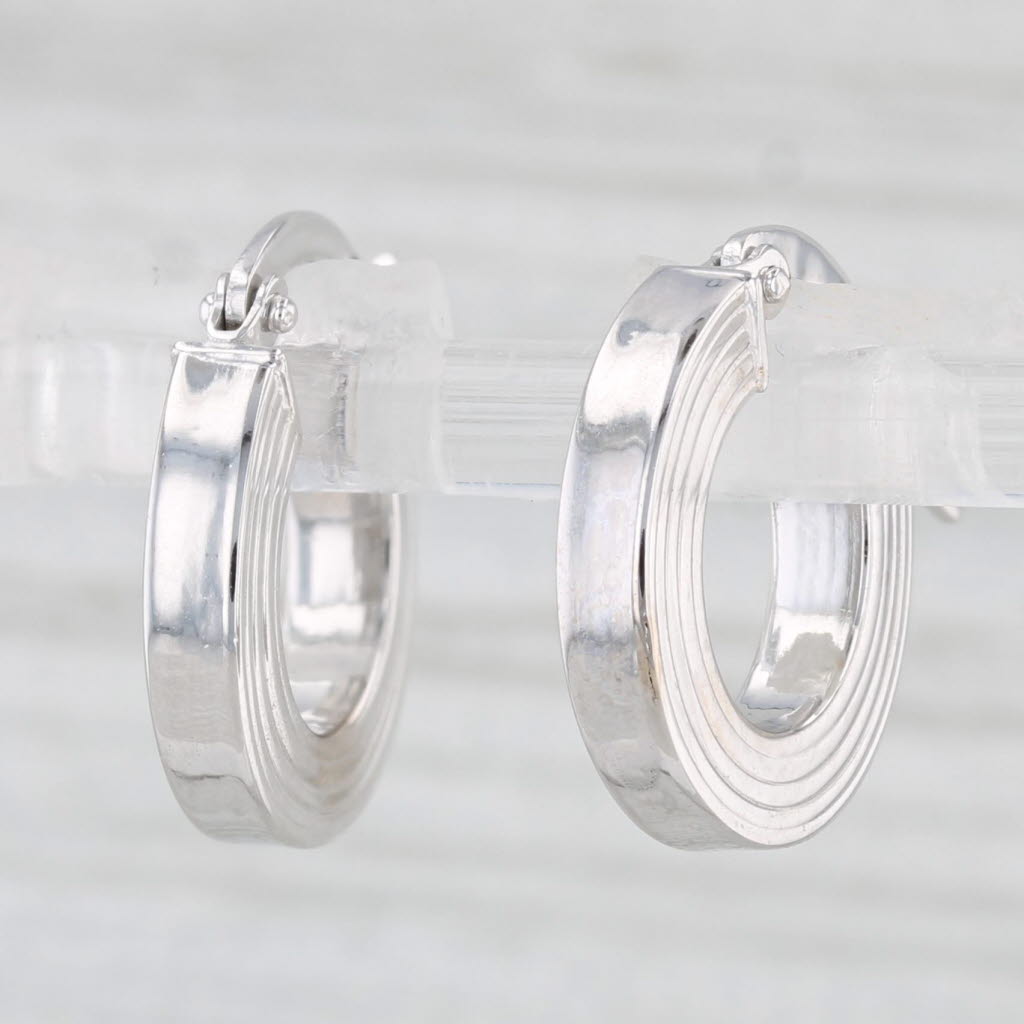 Light Gray Beveled Hoop Huggie Earrings 14k White Gold Snap Top Round Hoops