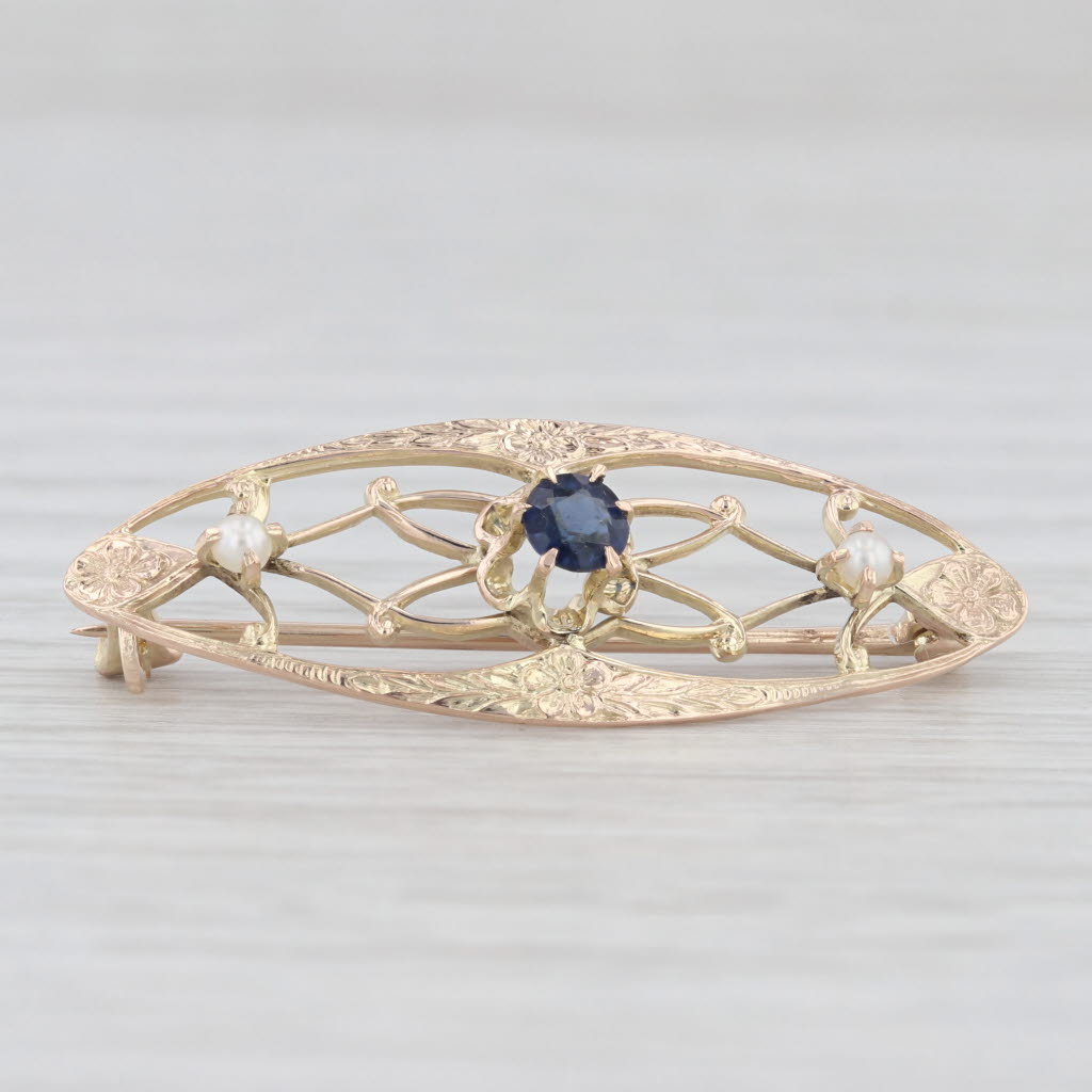 Light Gray Vintage Blue Glass Imitation Sapphire Pearl Filigree Brooch 10k Gold Floral Pin
