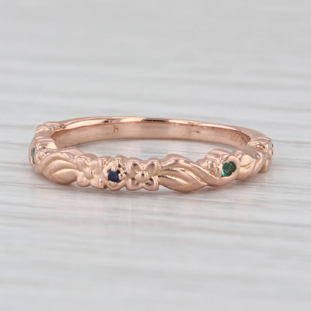 Vintage Blue Stone Emerald Ring 14k Rose Gold Stackable Band Size 4.5 Bridal