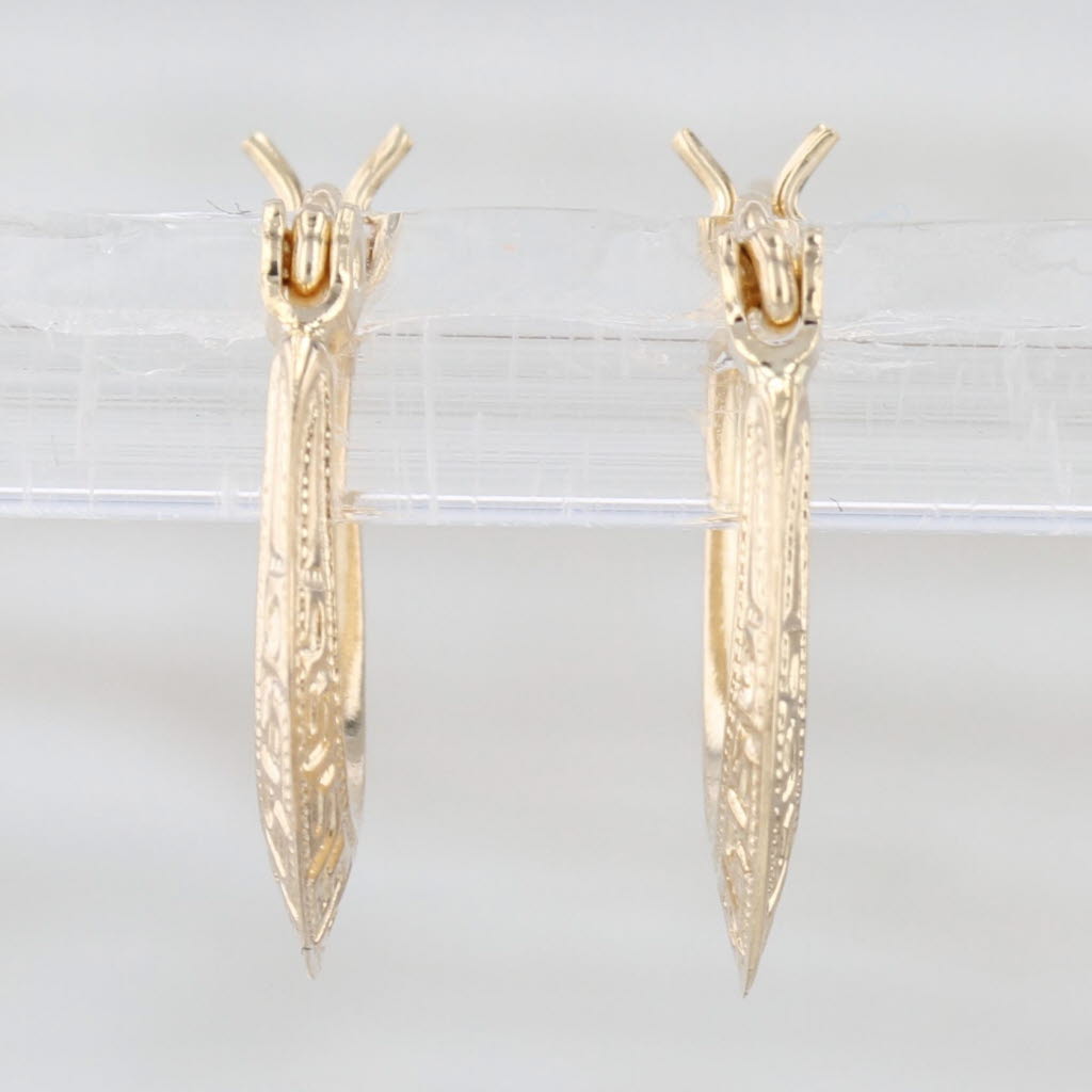Greek Key Pattern Hoop Earrings 14k Yellow Gold Snap Top Round Hoops