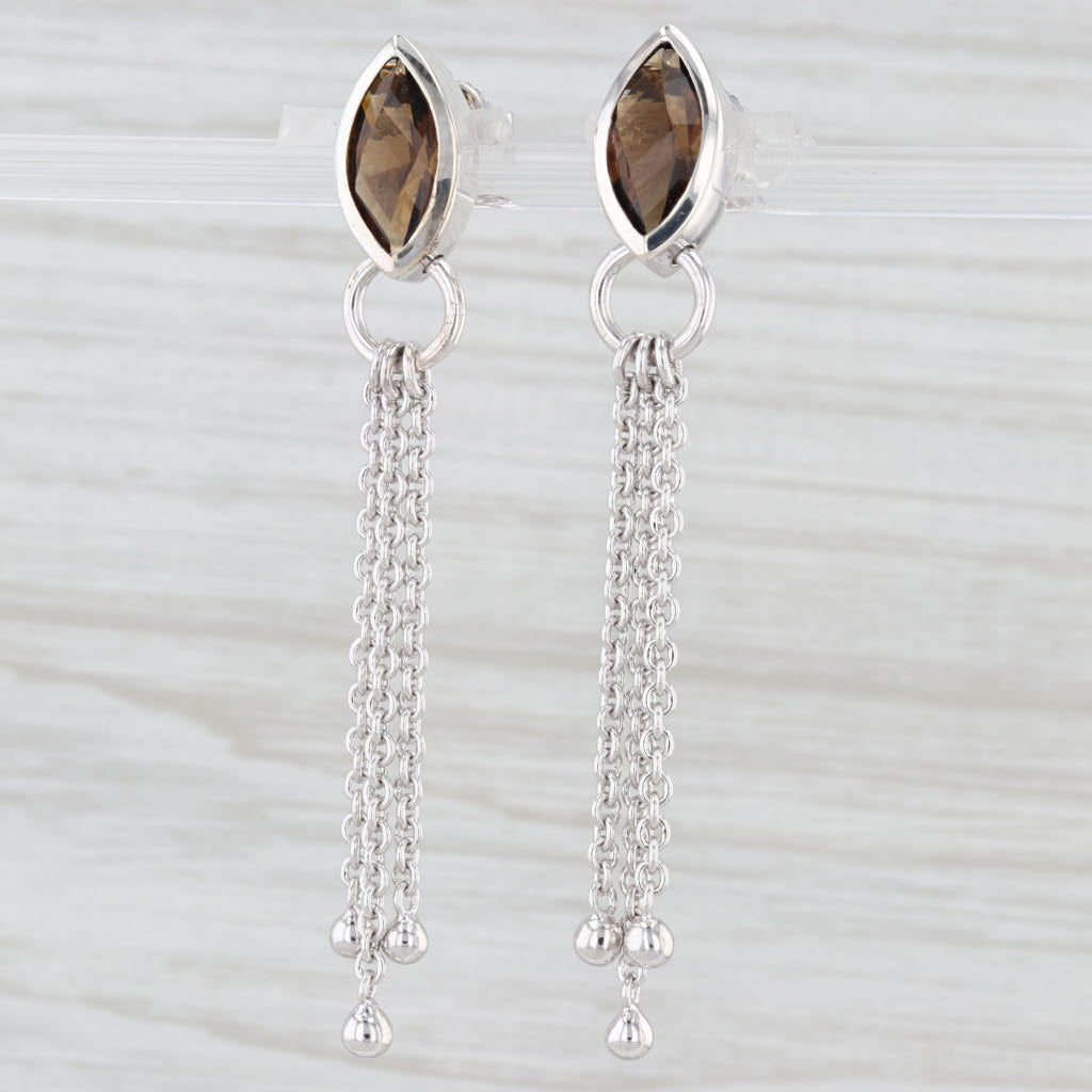 Light Gray 4.26ctw Smokey Quartz Chain Fringe Dangle Earrings Sterling Silver Drops