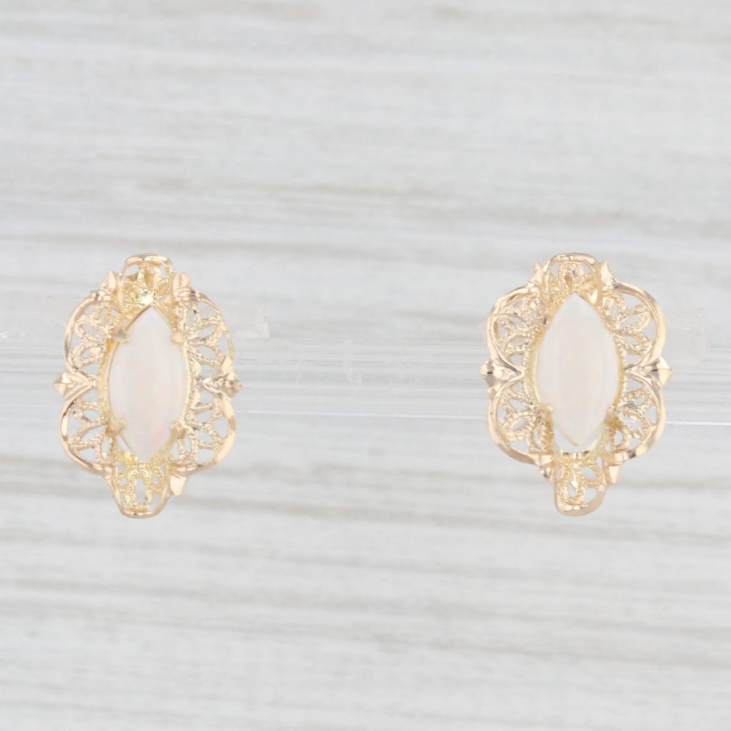 Light Gray Opal Flower Stud Earrings 14k Yellow Gold Marquise Cabochon Solitaires