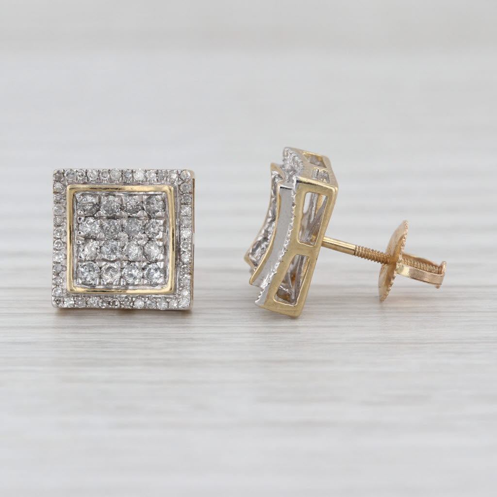 0.62ctw Pave Diamond Square Stud Earrings 10k Yellow Gold Screw Backs Studs