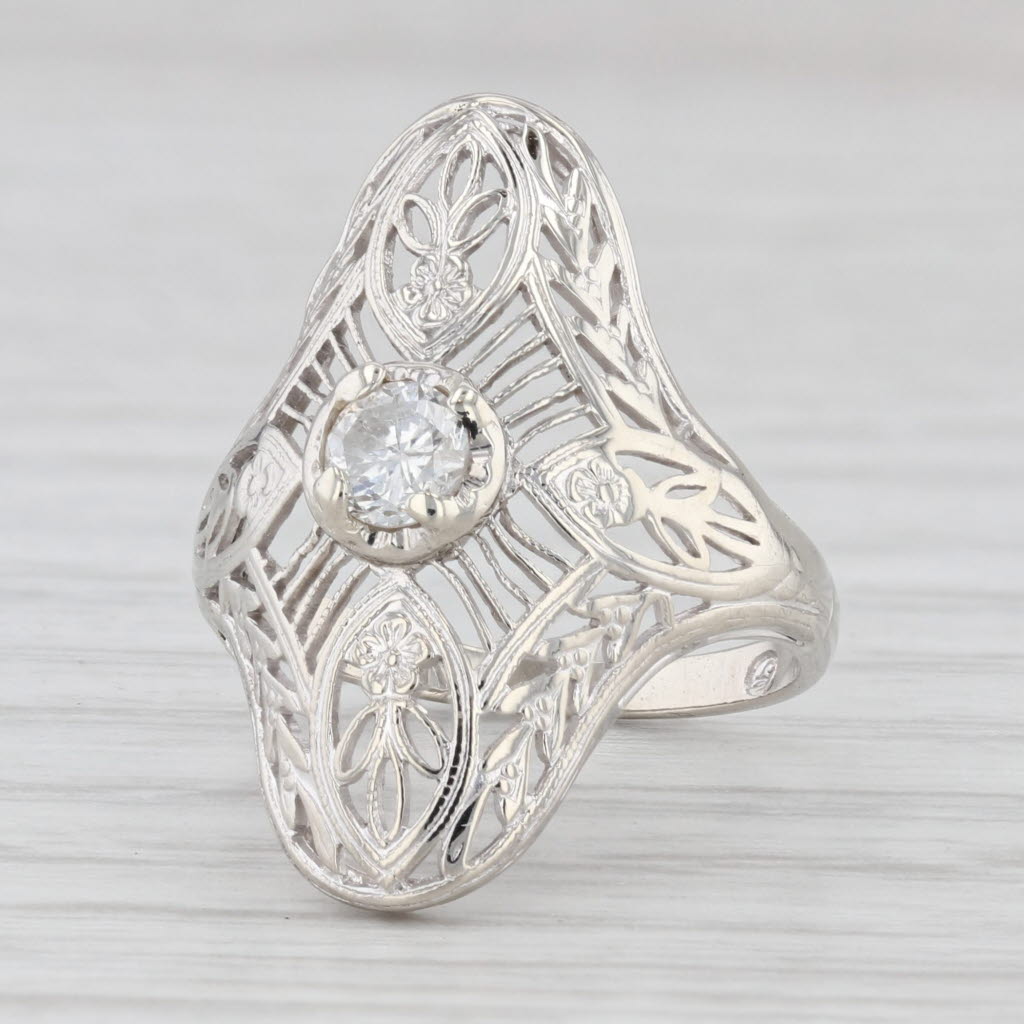 Light Gray 0.23ct Diamond Solitaire Filigree Ring 14k White Gold Size 3.5 Vintage Art Deco