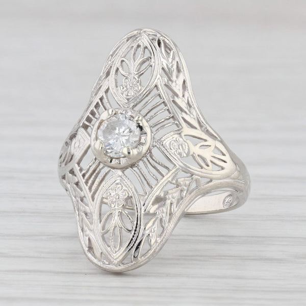 0.23ct Diamond Solitaire Filigree Ring 14k White Gold Size 3.5 Vintage Art Deco