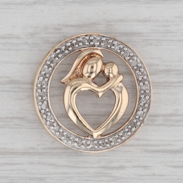 Diamond Accented Mother and Child Heart Circle Pendant 10k Yellow Gold