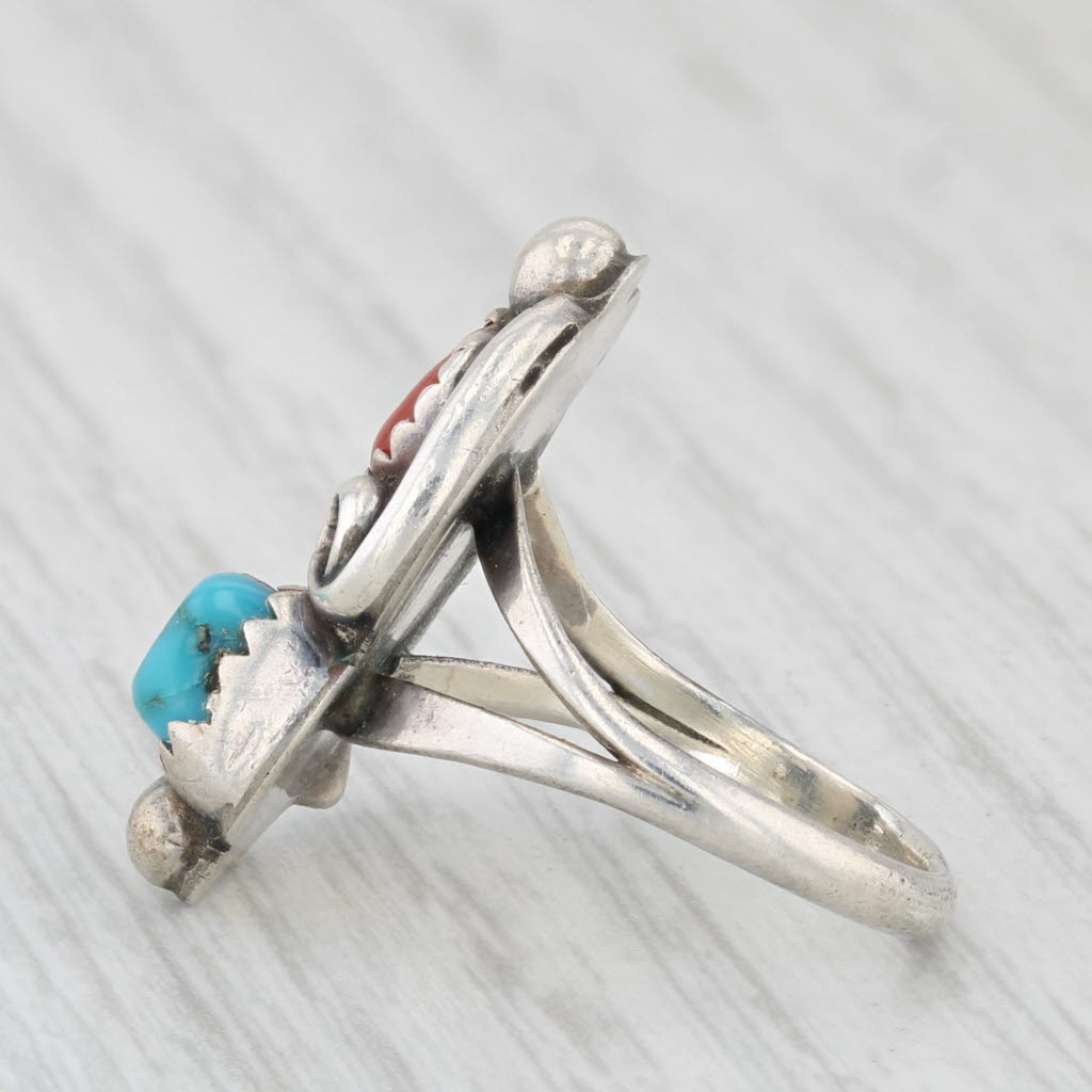Light Gray Vintage Native American Coral Turquoise Statement Ring Sterling Silver Size 4.5