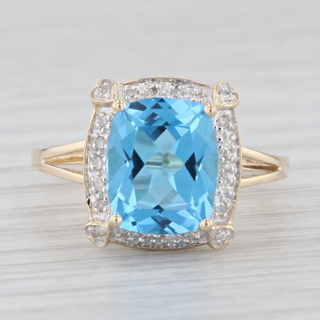 Light Gray 5.08ctw Blue Topaz Diamond Ring 14K Yellow Gold Cushion Solitaire Halo Size 9.25
