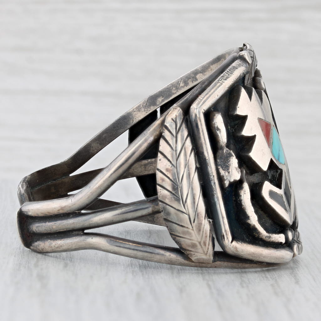 Light Gray Vintage Native American Kee Navajo Tribal Figure Cuff Bracelet Silver Mosaic