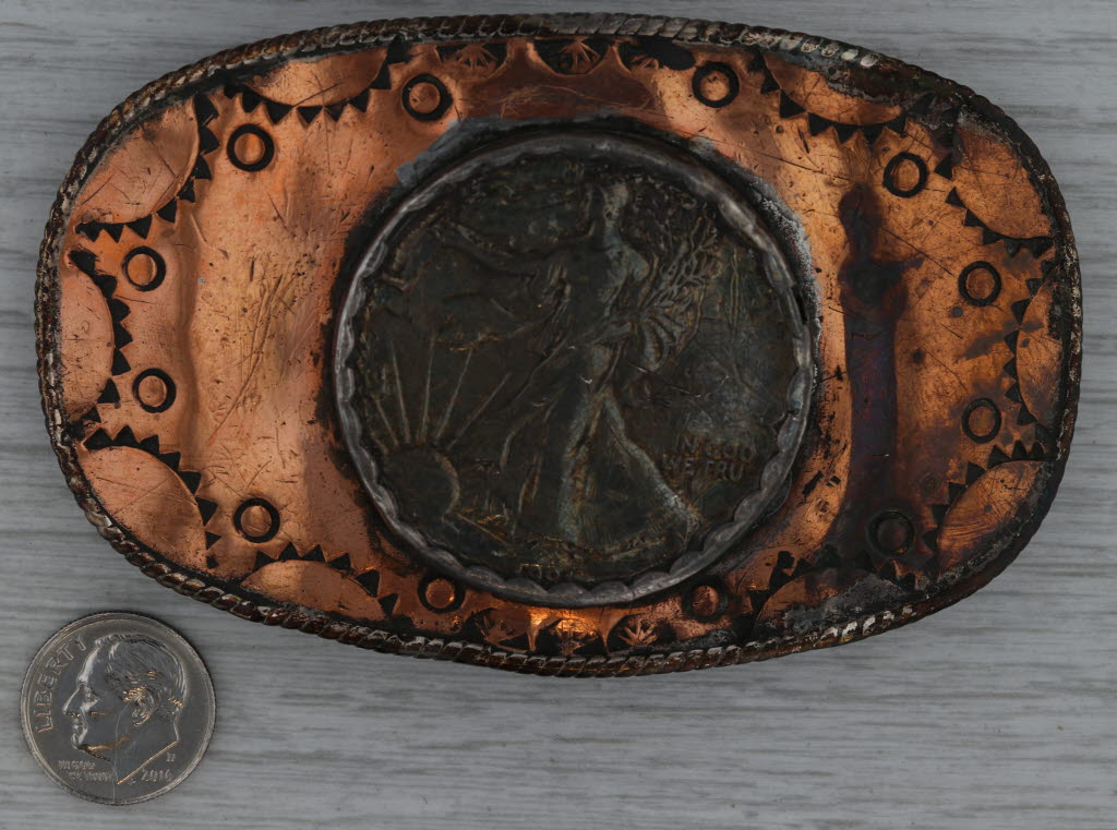 Large Native American Belt Buckle Copper Silver Eagle Coin 1991 Artisan Signed