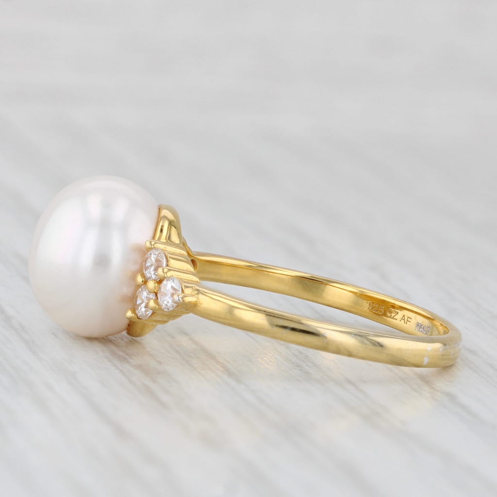 Light Gray Cultured Pearl Cubic Zirconia Ring Sterling Silver Gold Vermeil Size 9.25