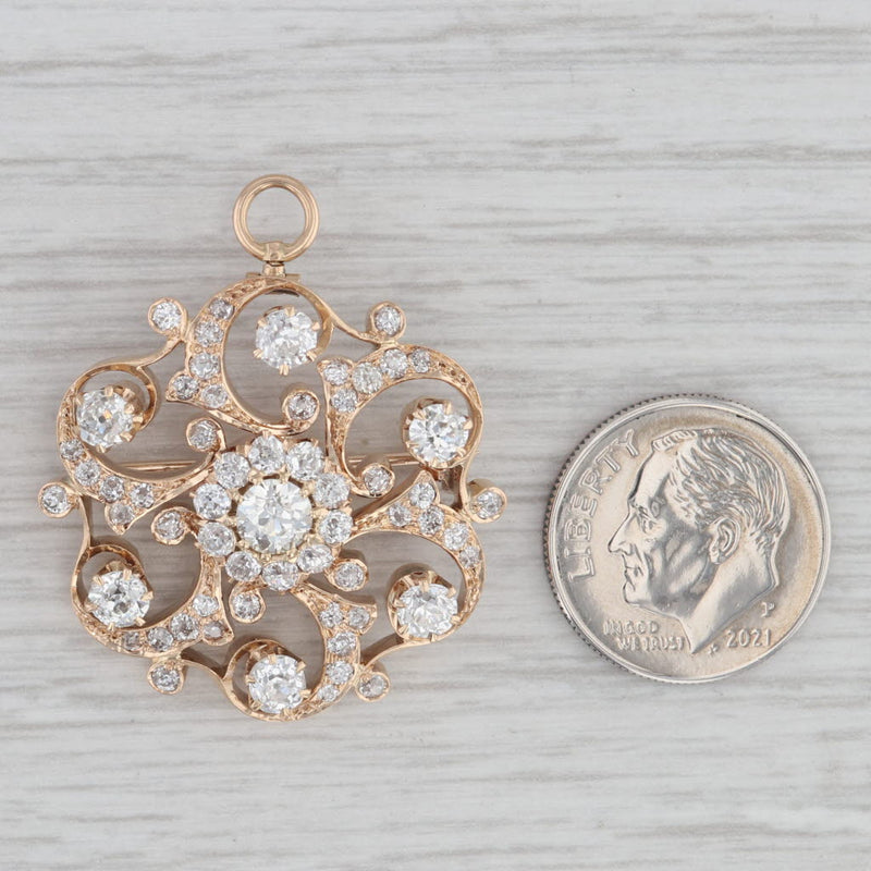 Vintage 2.34ctw Diamond Brooch Pendant 14k Yellow Gold Ornate Pin