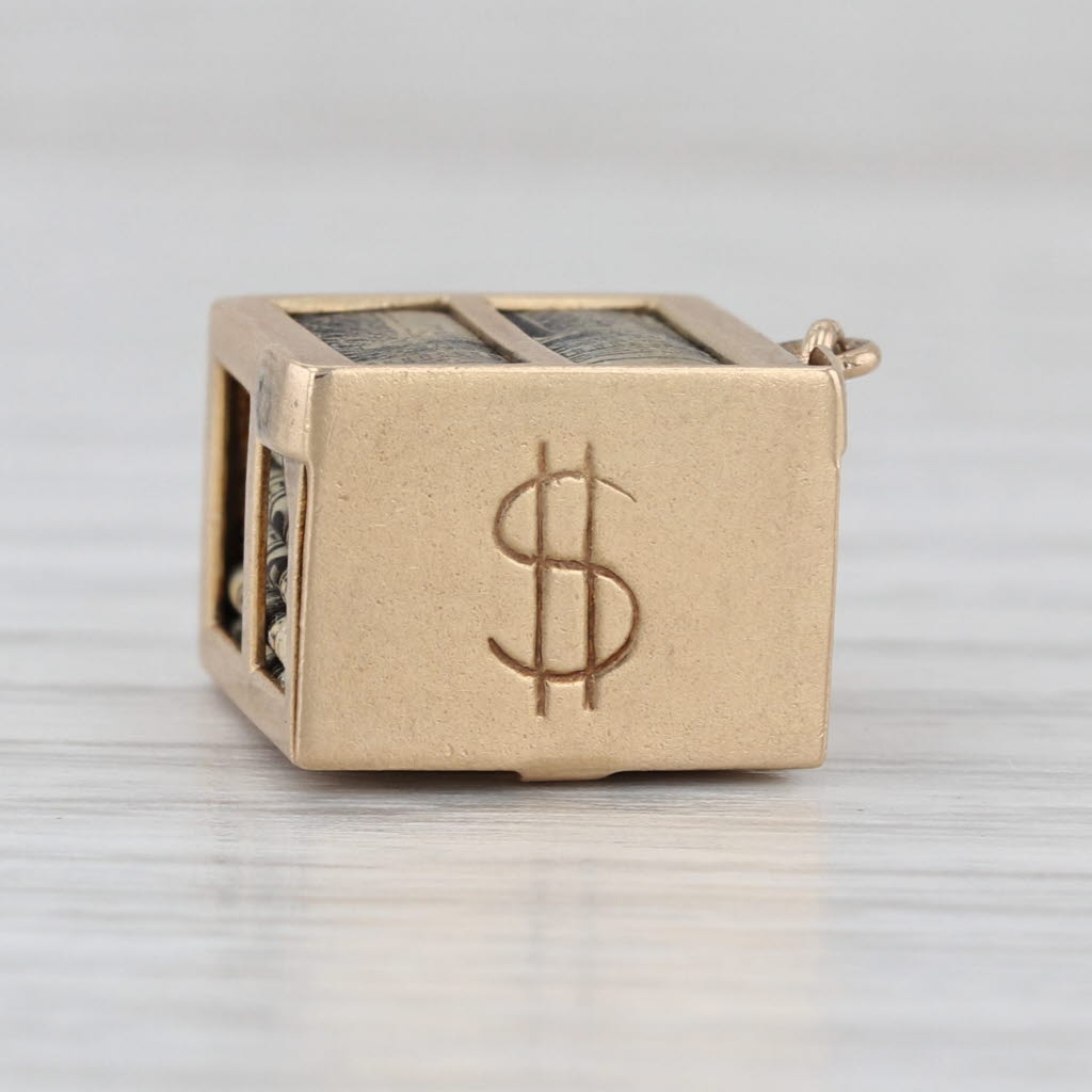 Vintage Emergency Money Dollar Bill in Box Charm 14k Yellow Gold Pendant
