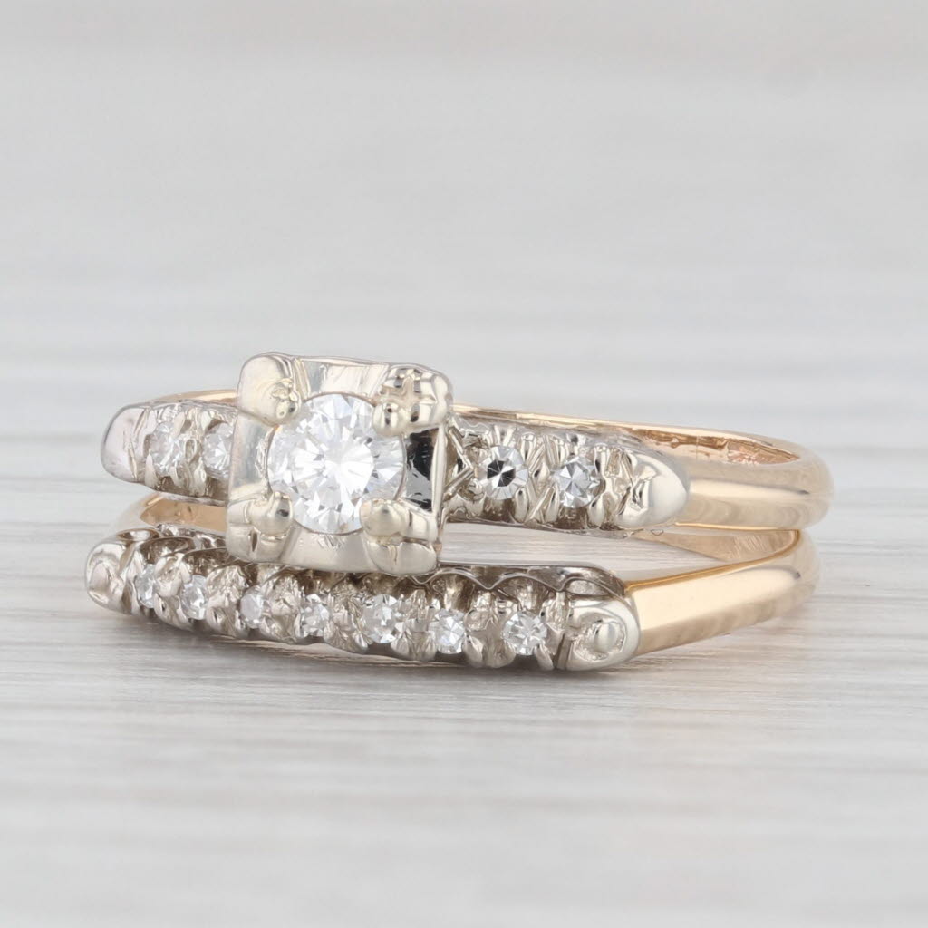 Light Gray 0.19ctw Vintage Diamond Engagement Ring Wedding Band Bridal Set 14k Gold Size 6