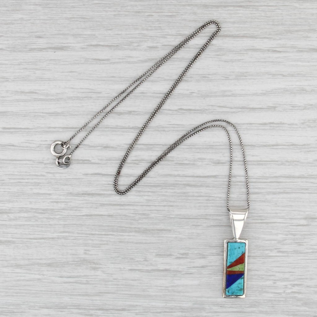 Stone Mosaic Pendant Necklace Sterling Silver Box Chain Shell Turquoise Lapis