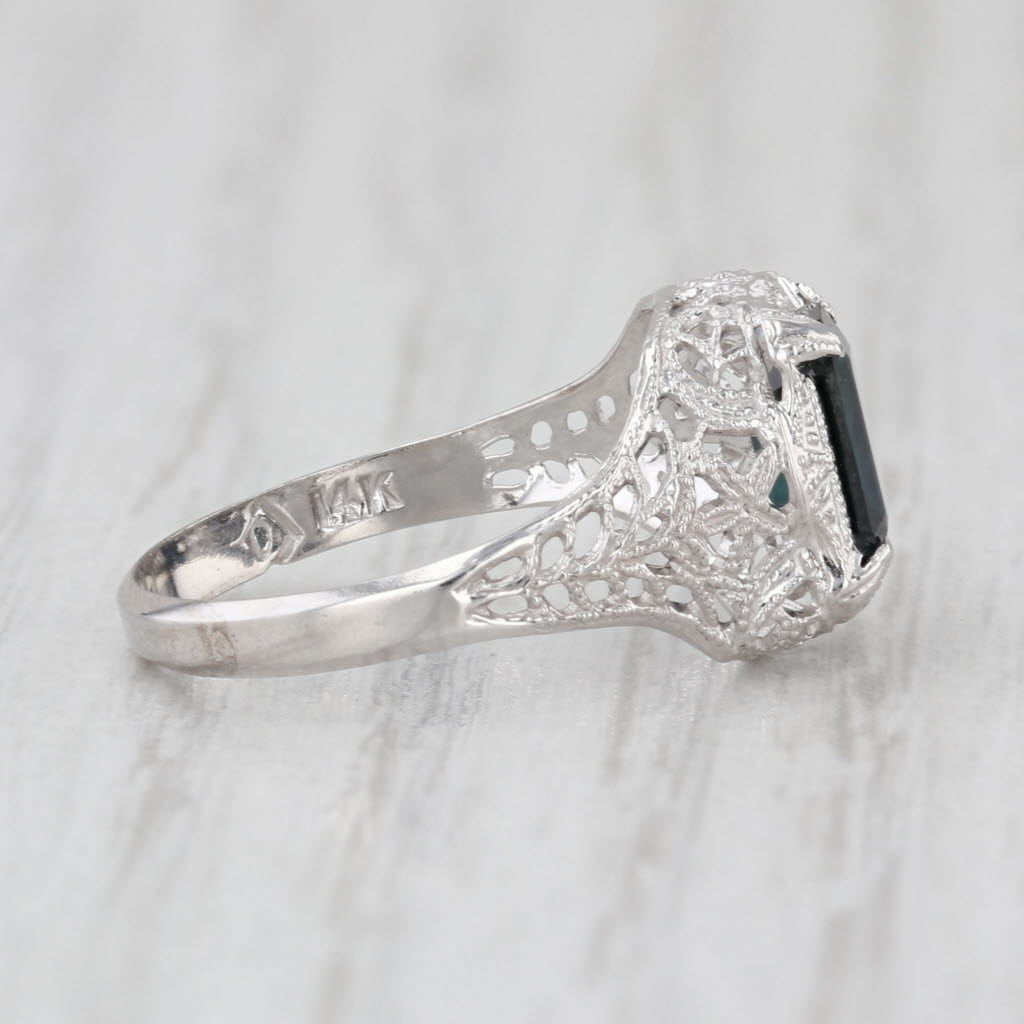 Art Deco 1.40ctw Blue Sapphire Solitaire 14k White Gold Filigree Size 4.5