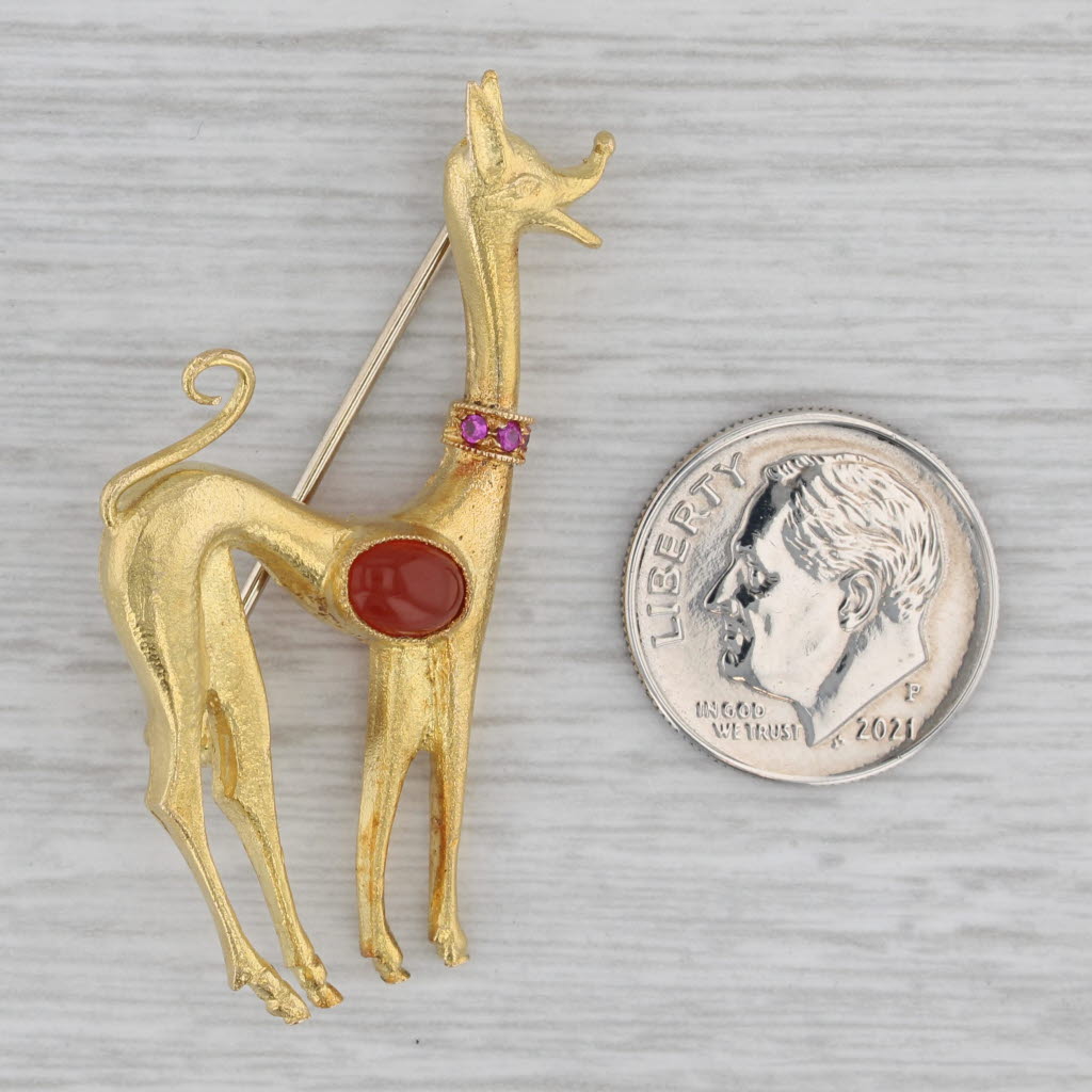 Gray Jeweled Deer Brooch 18k Yellow Gold Lab Created Ruby Glass Statement Pin