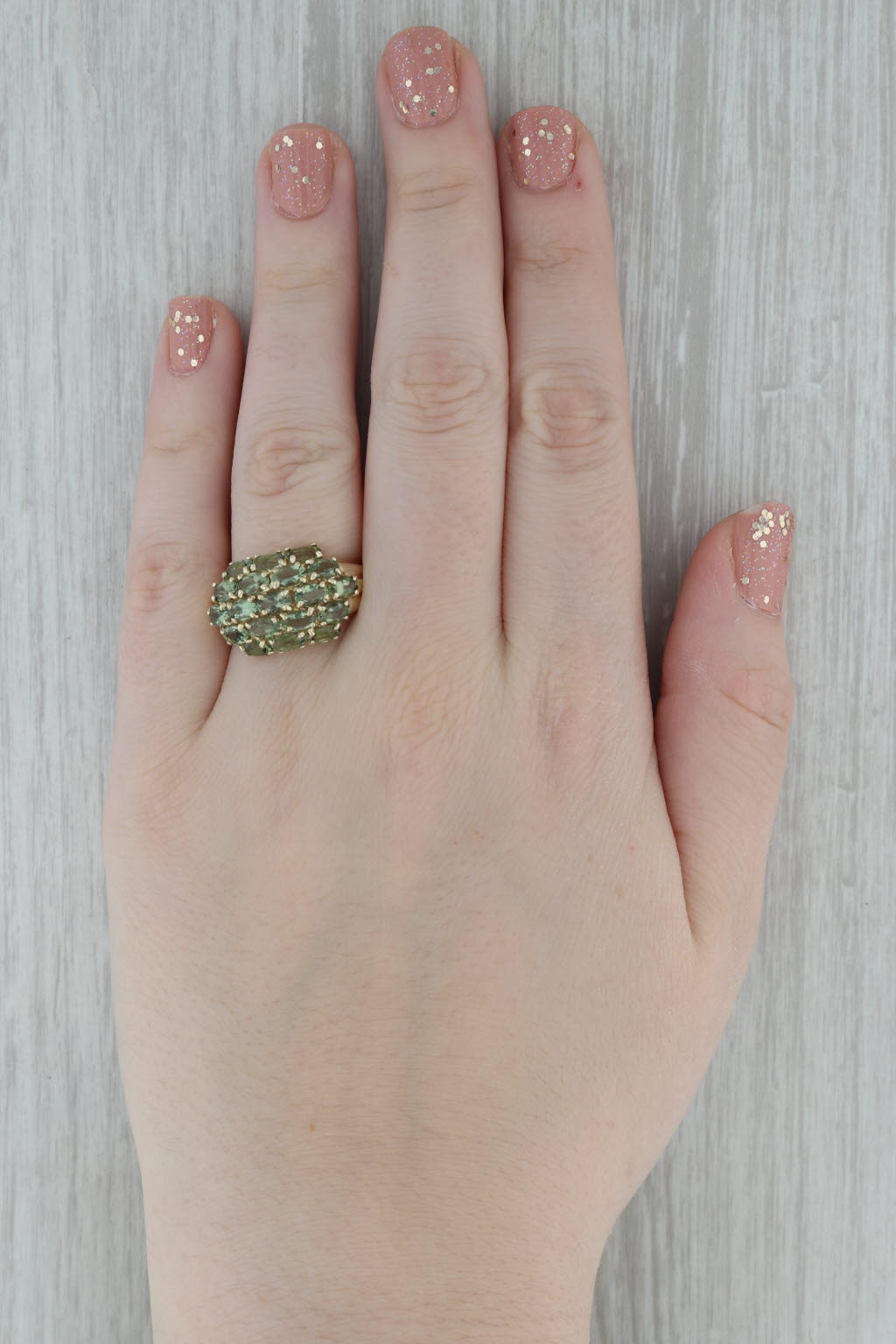 Dark Gray Green Glass Oval Cluster 10k Yellow Gold Size 8 Ring