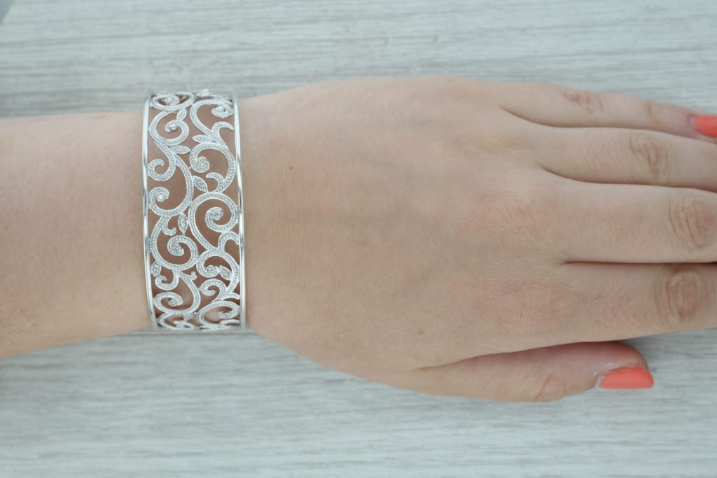 Dark Gray Diamond Ornate Openwork Cuff Bracelet Sterling Silver 7" 25.8mm Statement