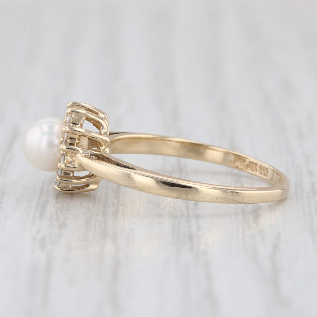 Cultured Pearl Diamond Halo Ring 14k Yellow Gold Size 6.5