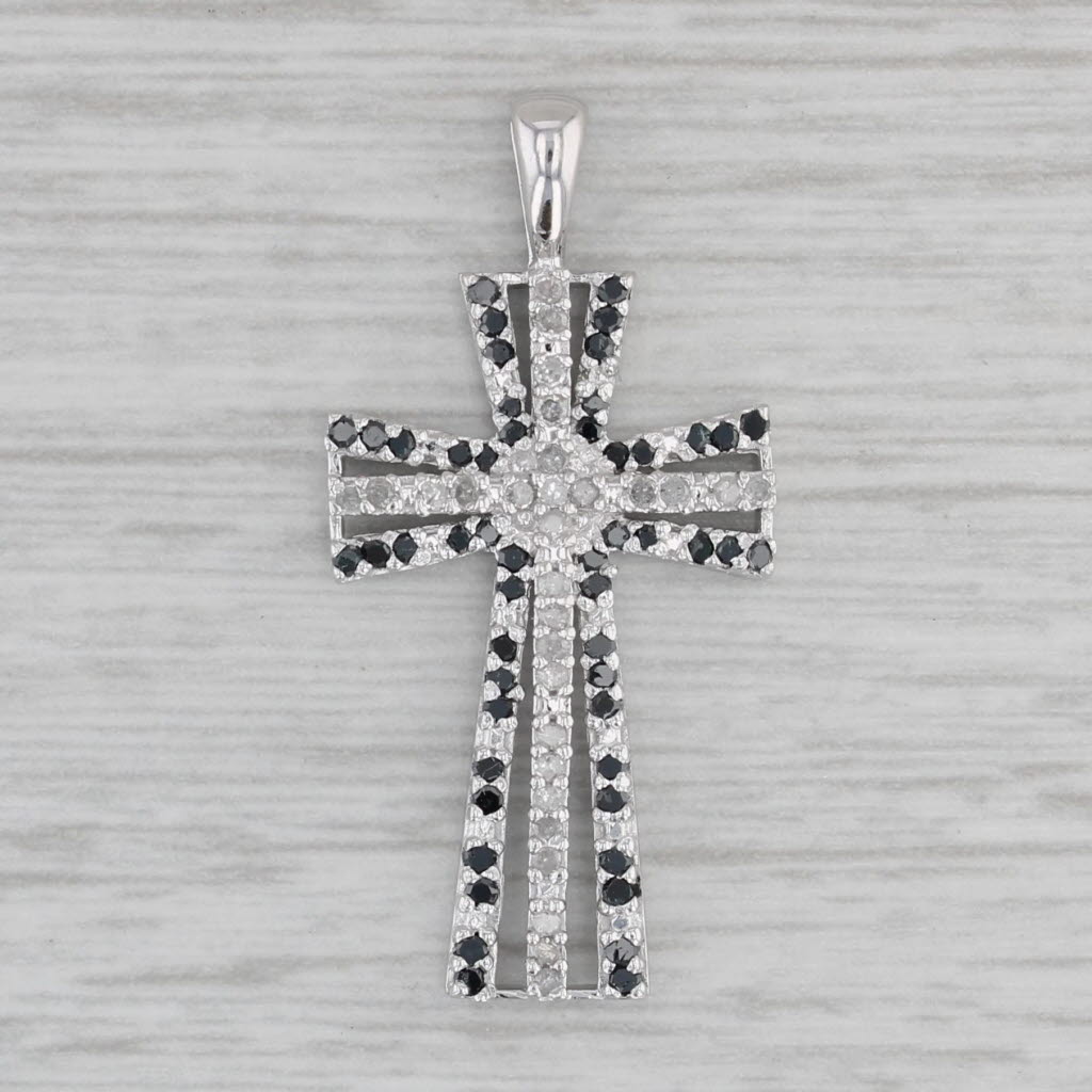Gray 0.20ctw Black White Diamond Cross Pendant 10k White Gold
