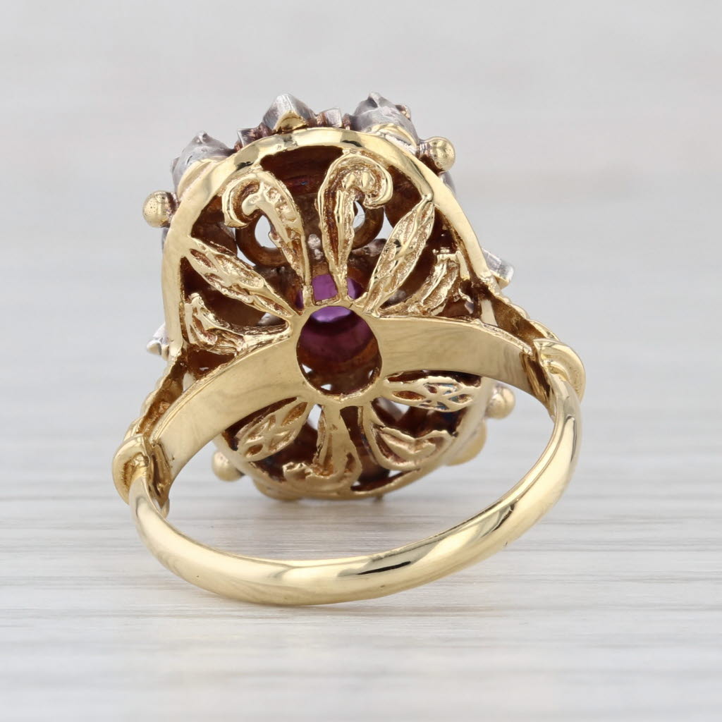 Antique 0.54ctw Ruby Diamond Ornate Floral Ring 18k Gold Silver Size 6.5