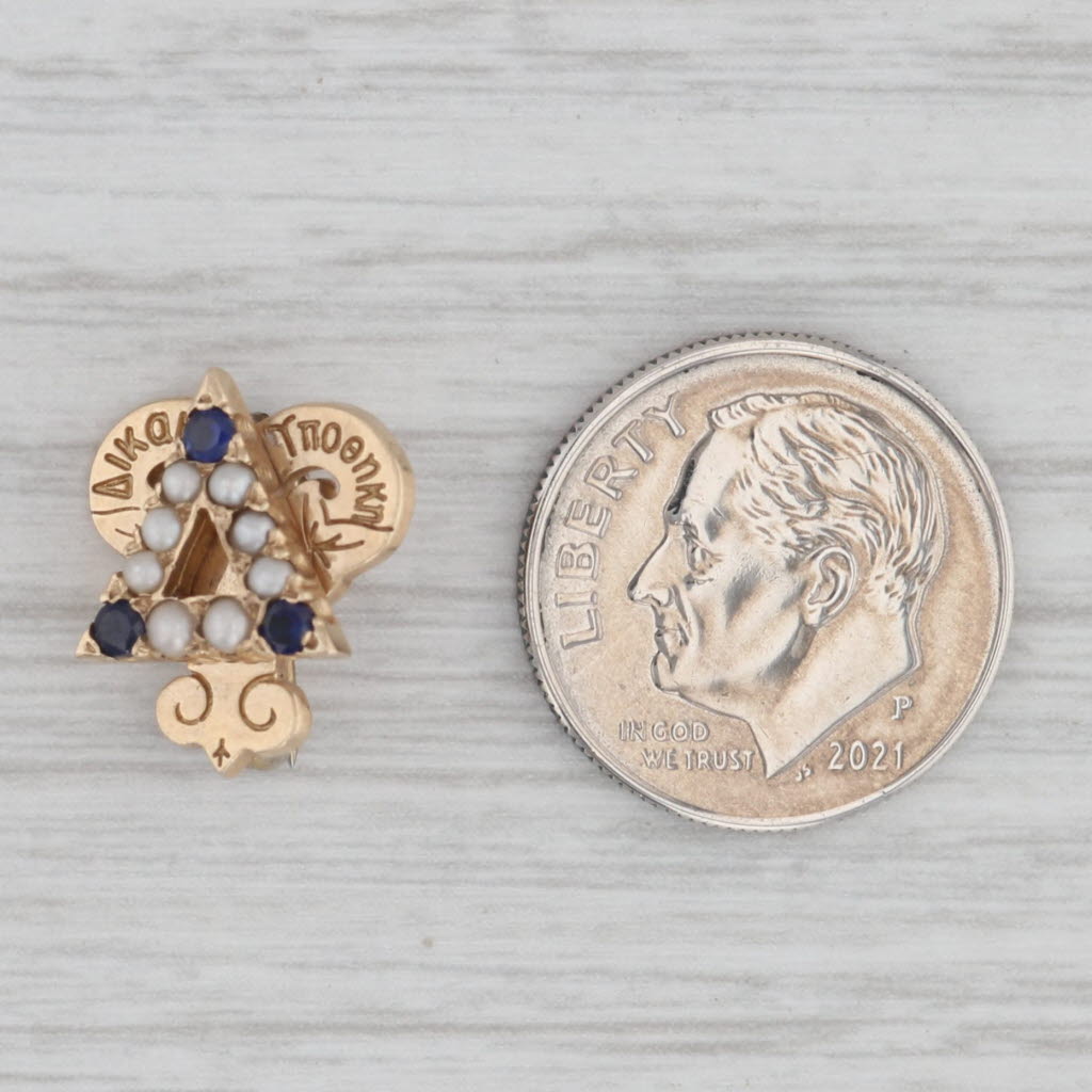Gray Delta Upsilon Badge 10kGold Pearl Lab Created Sapphire Vintage Fraternity Pin