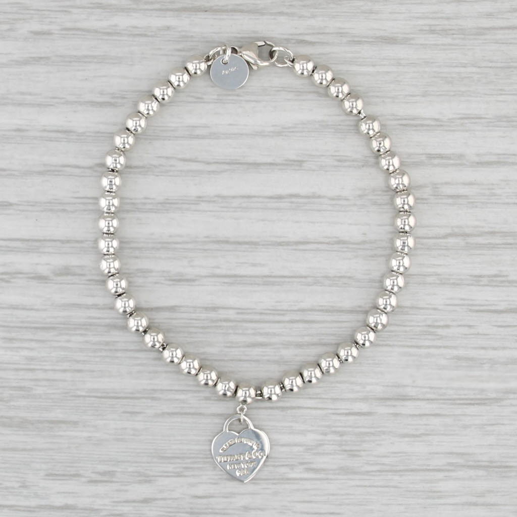 Return to Tiffany Heart Charm Bead Bracelet w/ Pouch Box Sterling Silver 6.5"