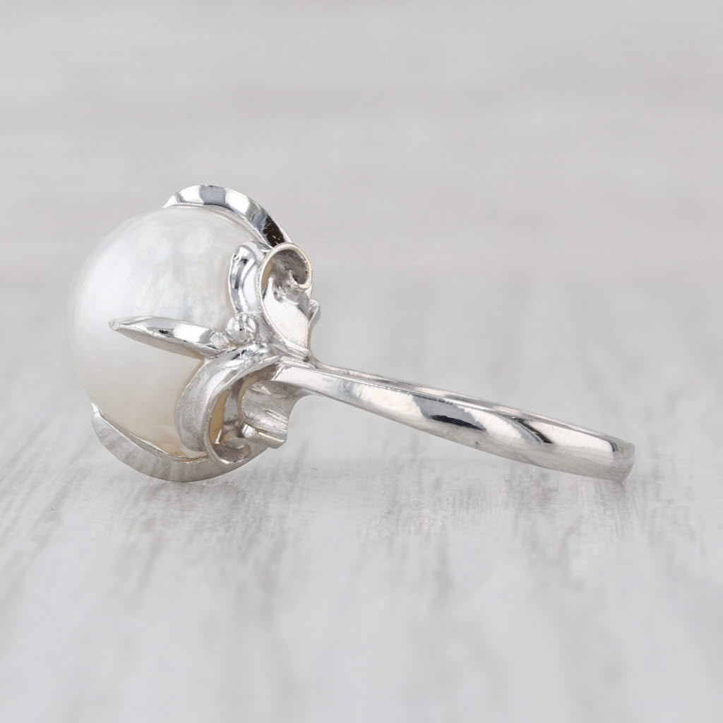 12mm Cultured Pearl Solitaire Ring 14k White Gold Size 6.75 Ornate Setting
