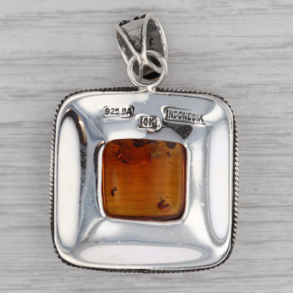 Gray Ornate Amber Statement Pendant Sterling Silver 18k Gold Cabochon Solitaire