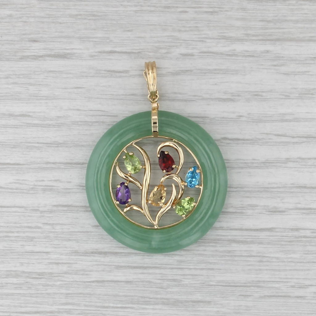 Jadeite Jade Hololith Gemstone Flower Pendant 14k Gold Clip Bail Statement
