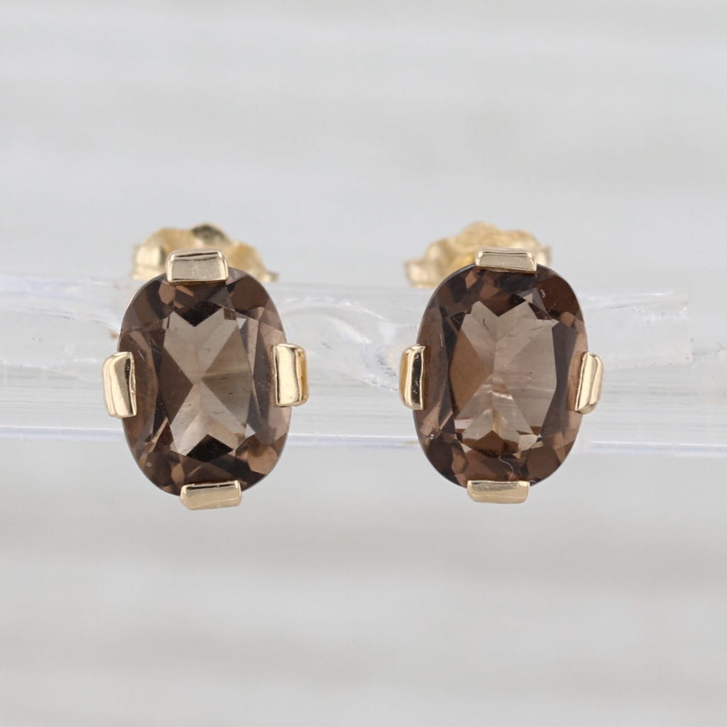 2ctw Smoky Quartz Stud Earrings 14k Yellow Gold Oval Solitaire Studs