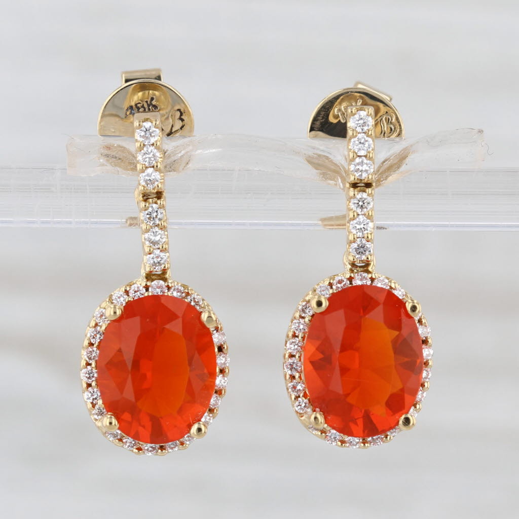 2.65ctw Fire Opal Diamond Halo Drop Earrings 18k Yellow Gold Dangles