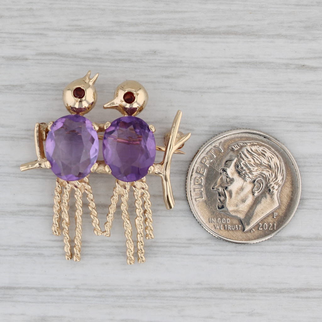 Gray 5.04ctw Amethyst Garnet Birds Perched on a Branch Brooch 14k Yellow Gold Pin