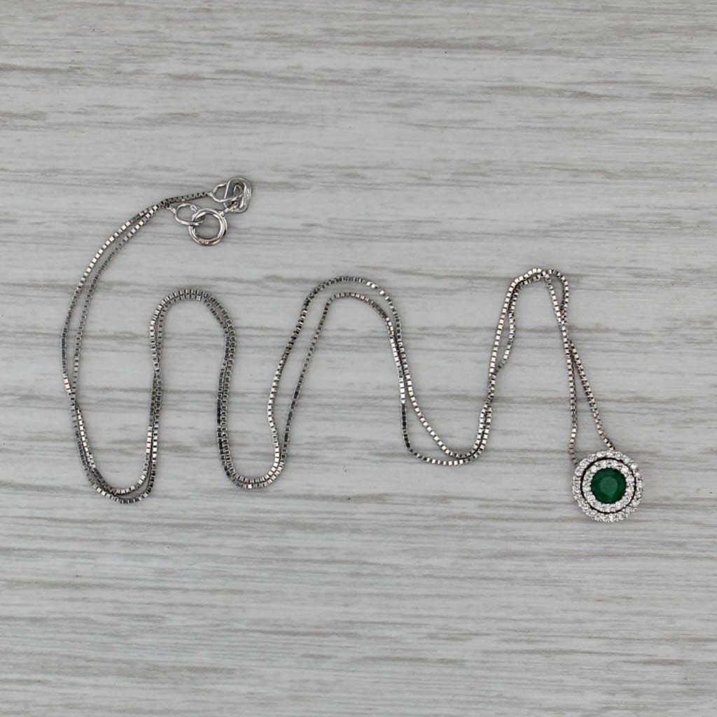 0.40ctw Emerald Diamond Halo Pendant Necklace 14k White Gold 17" Box Chain