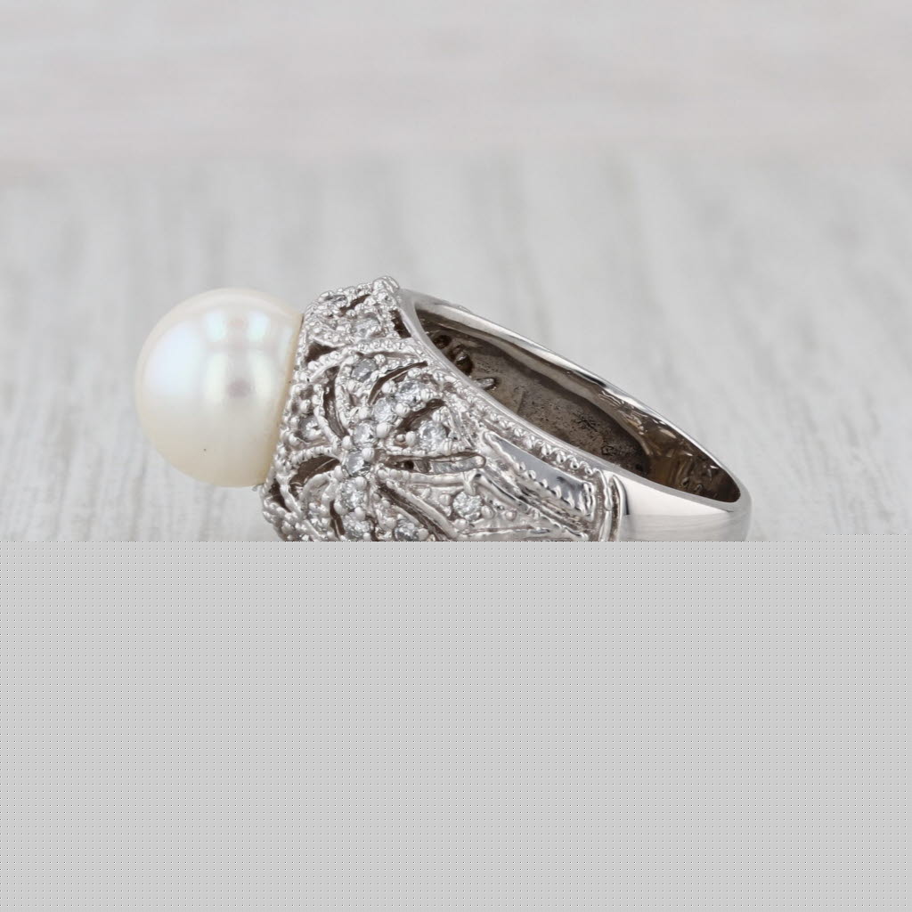 Cultured Pearl 0.27ctw Diamond Filigree Ring 14k White Gold Size 5.25