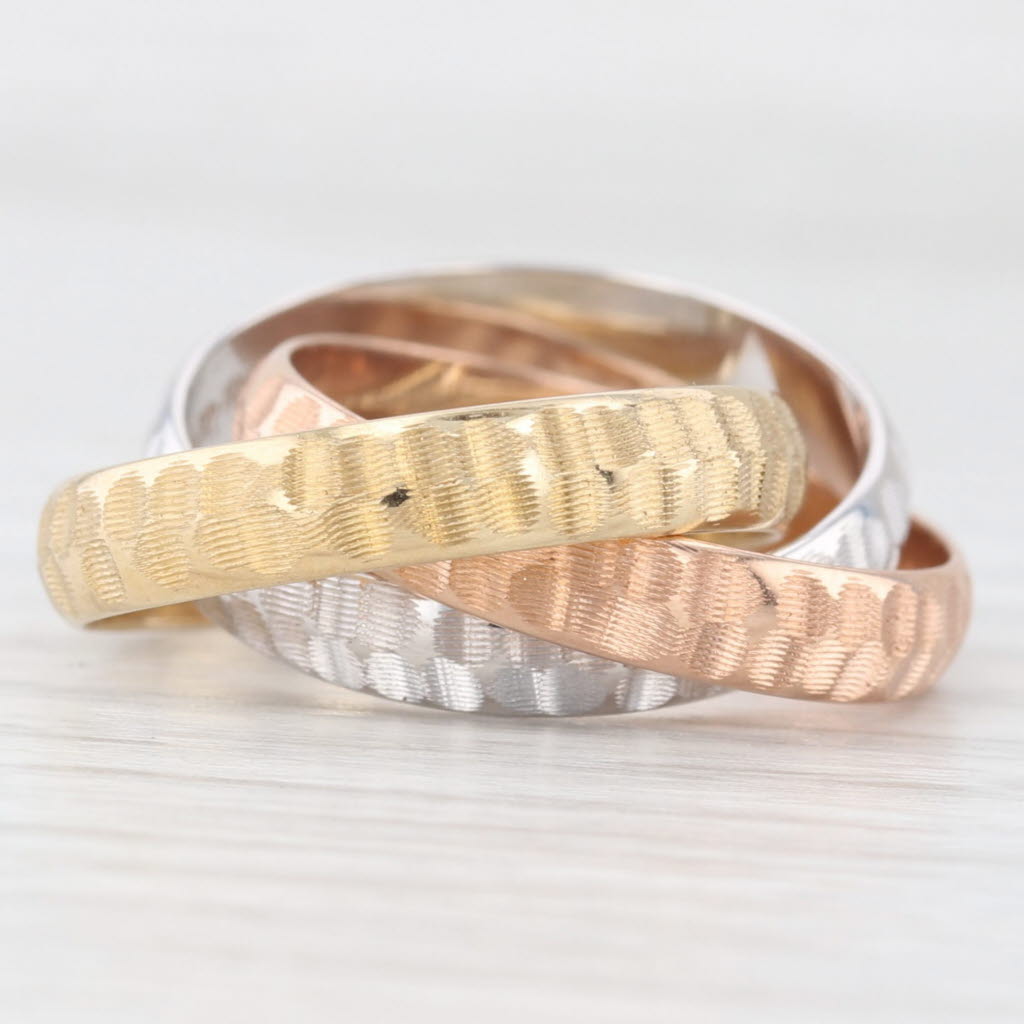 Antique White Tri-Toned 3-Band Puzzle Ring 14k Yellow White Rose Gold Size 6 Hammered Finish