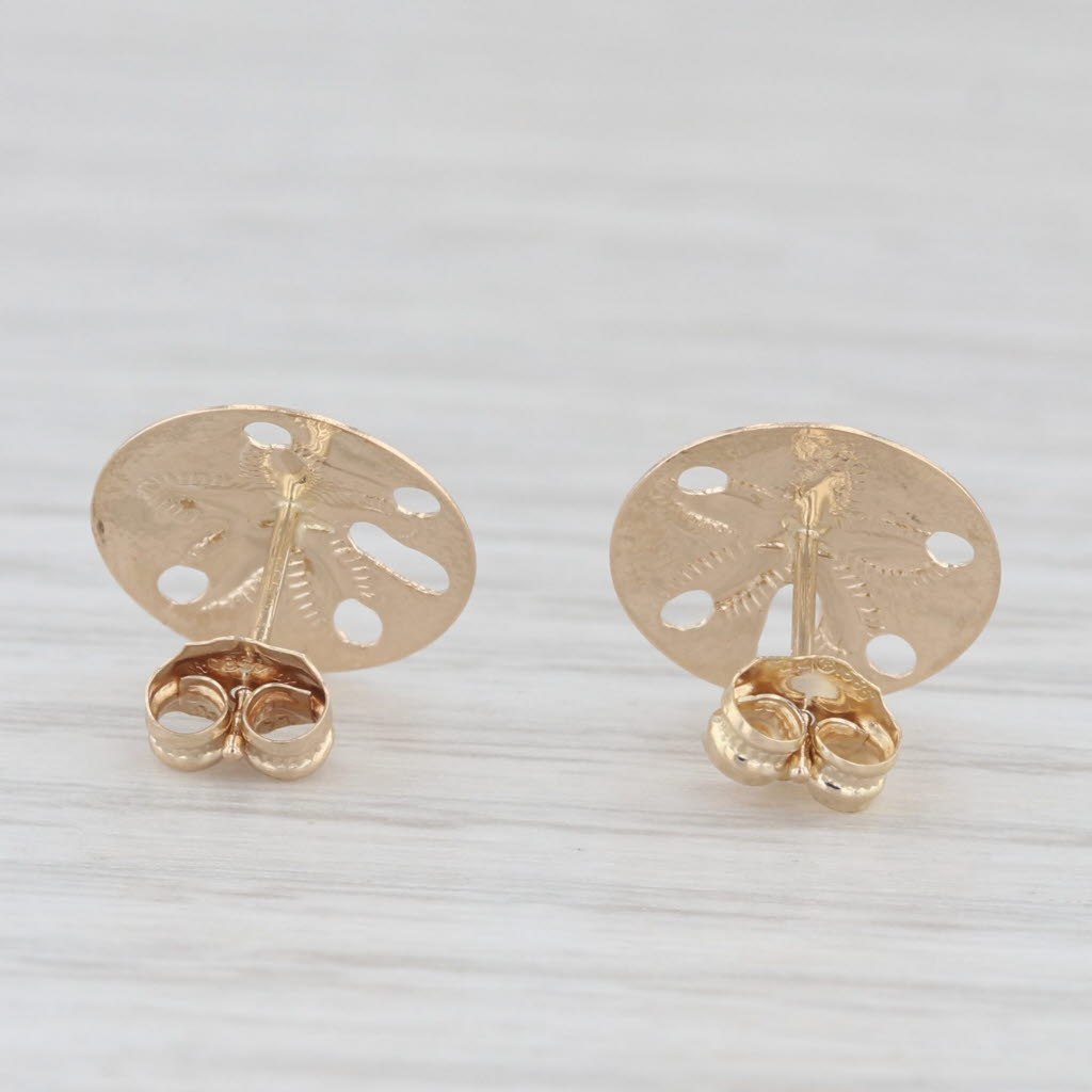 Light Gray Sand Dollar Stud Earrings 14k Yellow Gold Nautical Jewelry