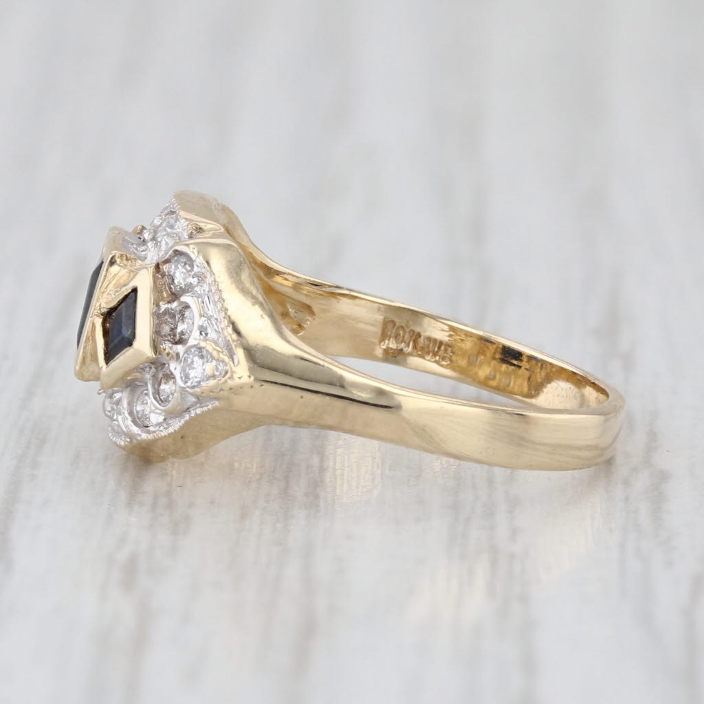 0.75ctw Blue 3-Stone Sapphire Diamond Halo Ring 10k Yellow Gold Size 6