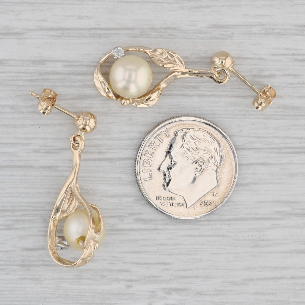 Gray Cultured Pearl Diamond Dangle Earrings 14k Yellow Gold