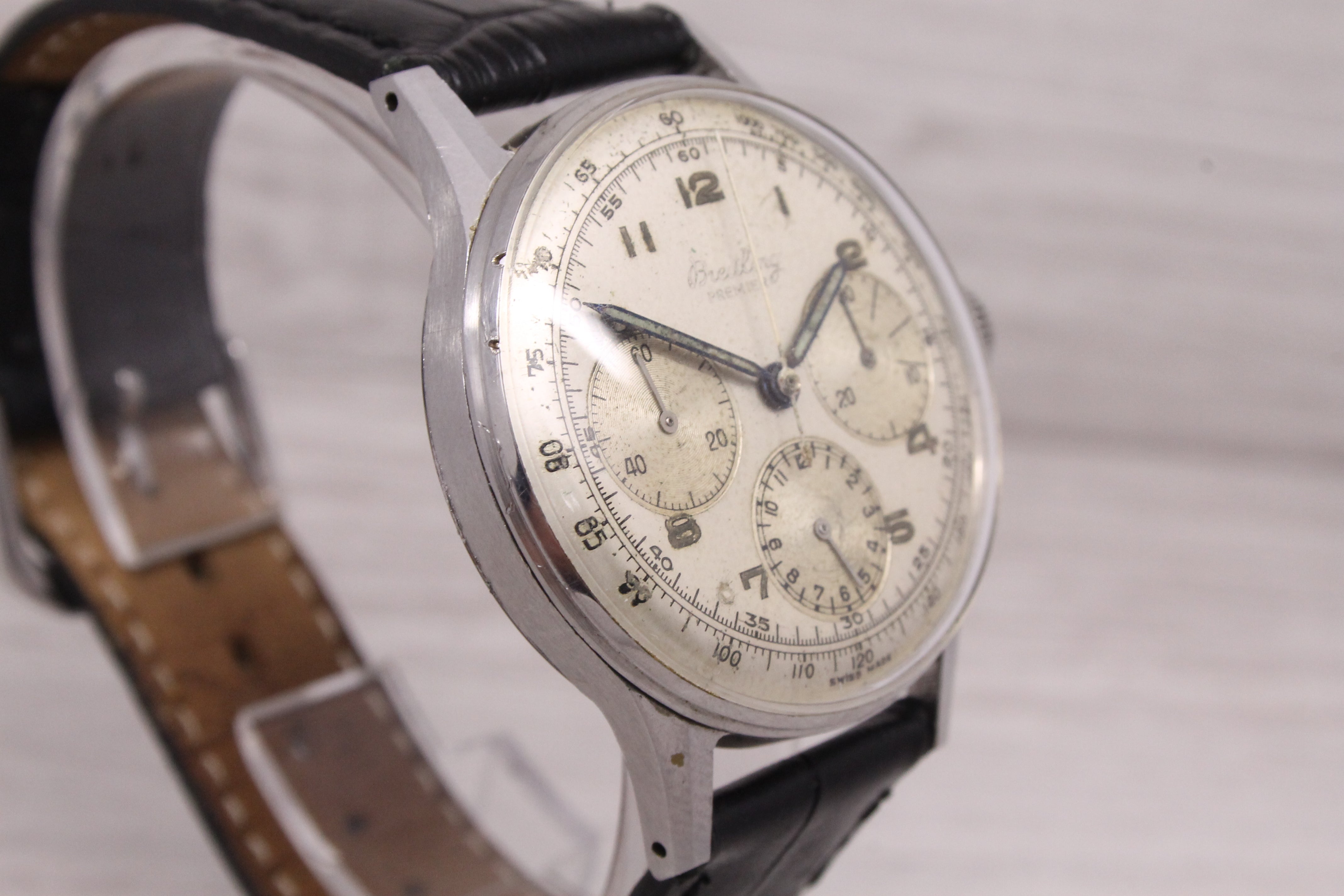 Gray Vintage Breitling Premier ref.734 37mm Steel Men Chronograph Watch NEEDS SERVICE