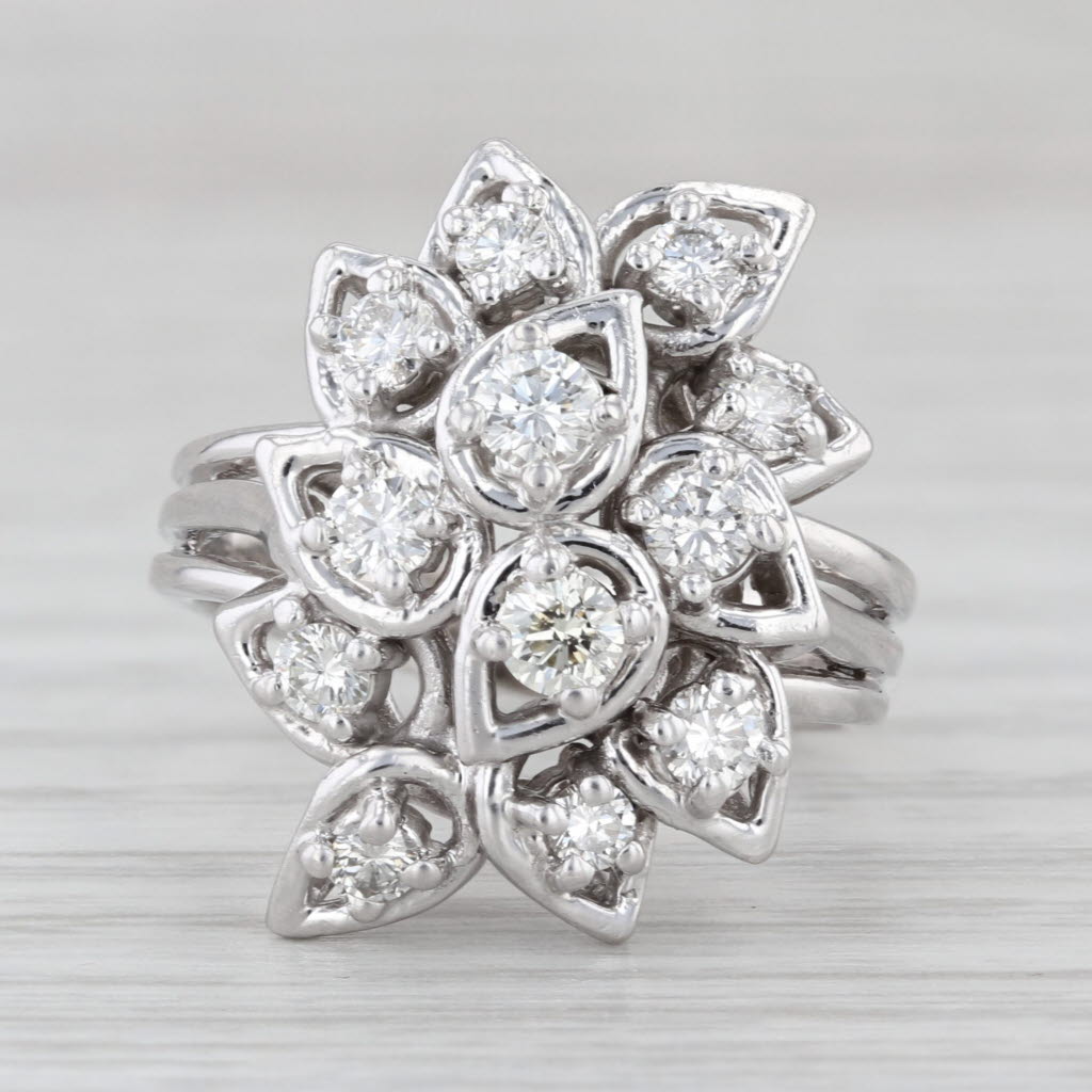 0.82ctw Diamond Cluster Ring 14k White Gold Size 6.5-6.75 Floral Cocktail