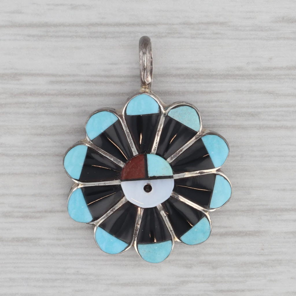 Gray Native American Zuni Flower Pendant Sterling Silver Glass Quartz Turquoise RJV