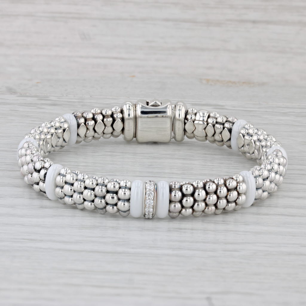 Gray Lagos Caviar Diamond Ceramic Single Station Bracelet Sterling Silver 18k Gold