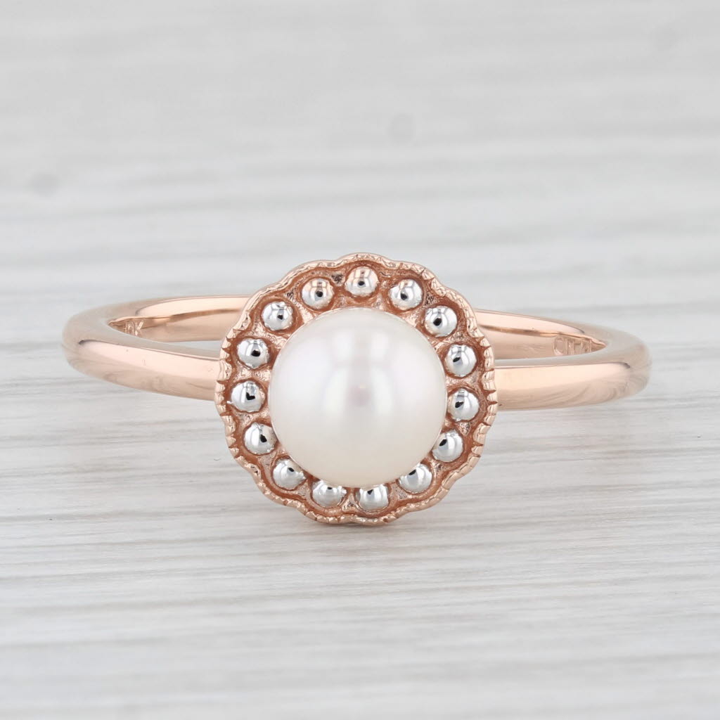 Light Gray Cultured Pearl Solitaire Ring 10k Rose Gold Size 10.25 Halo Design