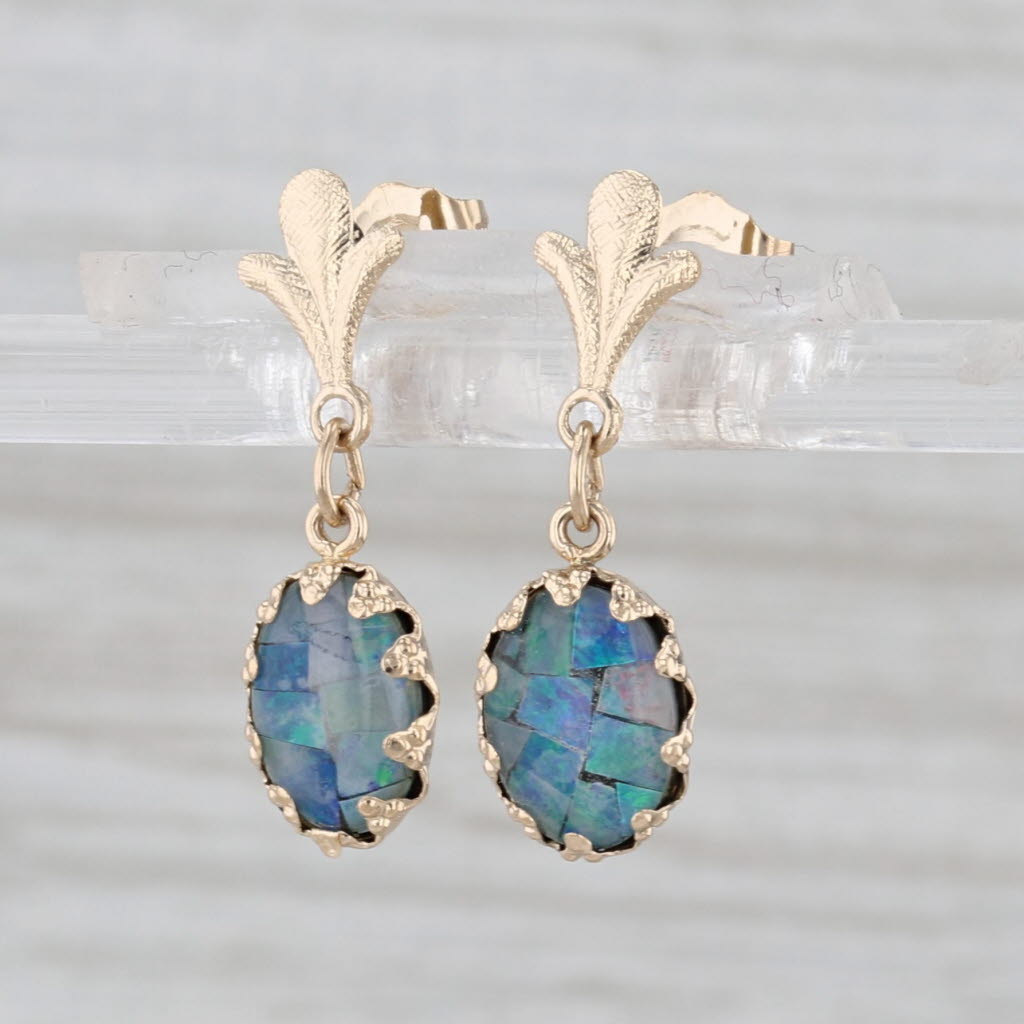 Blue Opal Quartz Doublet Dangle Earrings 14k Yellow Gold Mosaic Drops
