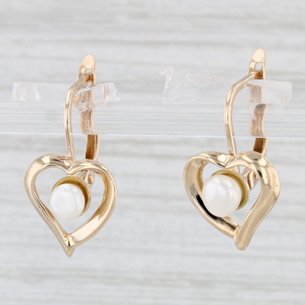 Light Gray Cultured Pearl Heart Drop Earrings 10k Yellow Gold Pierced Leverbacks