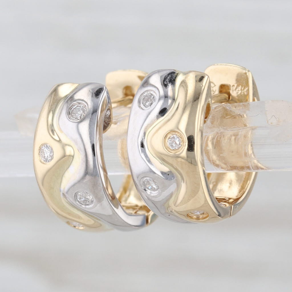 Diamond 2-Toned Hoop Huggie Earrings 14k White Yellow Gold Small Round Hoops