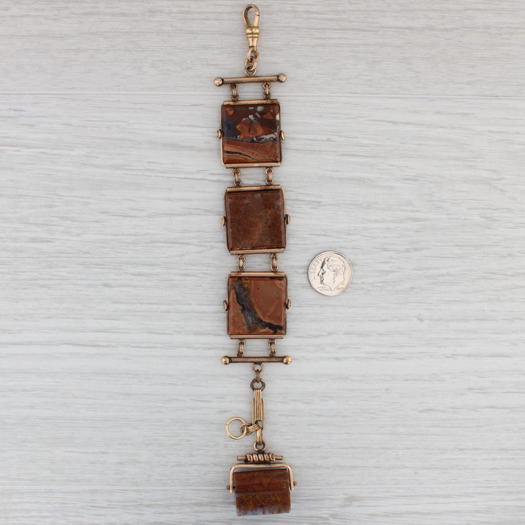 Light Gray Marbled Brown Agate Watch Chain Carved Chest Fob Vintage