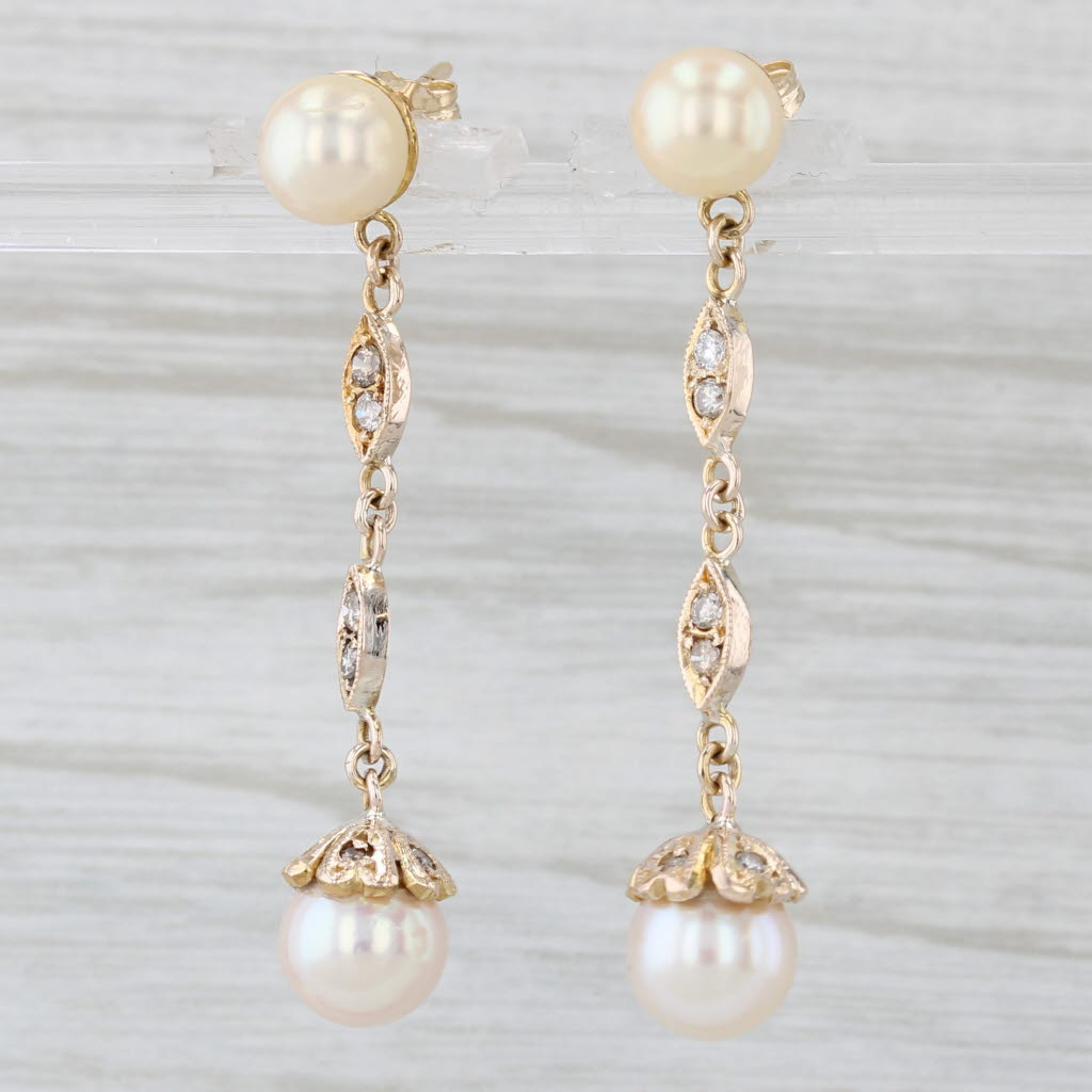Light Gray Vintage Cultured Pearl 0.25ctw Diamond Dangle Earrings 14k Yellow Gold